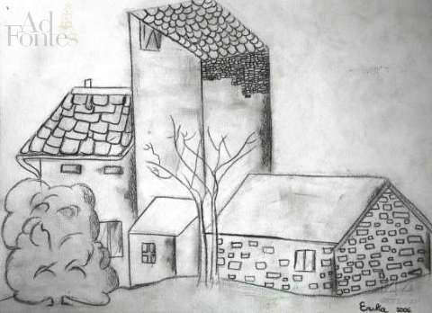 disegno a carboncino raffigurante la torre di Talamona